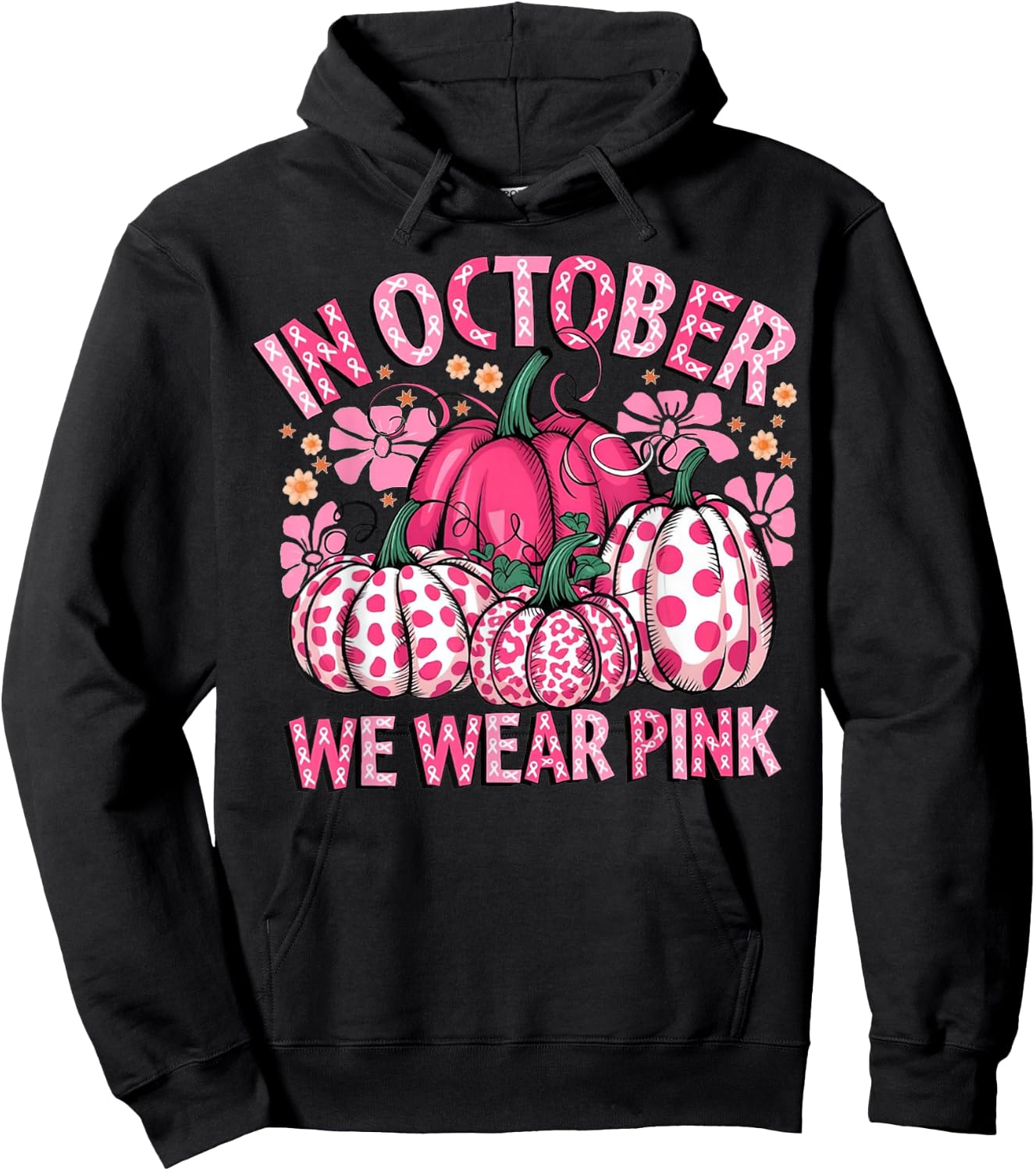 In October We Wear Pink Pumpkin Breast Cancer Halloween Hoodie - Hoodie | Black