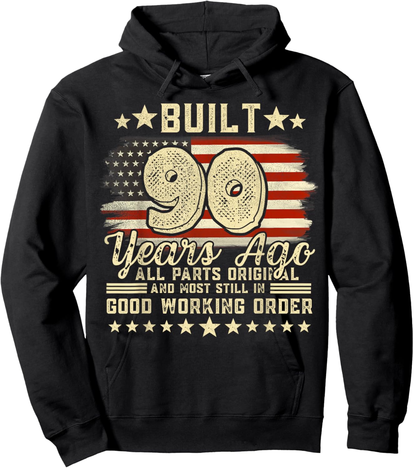 Built 90 Years Ago Funny 90th Birthday Vintage USA Flag Hoodie - Hoodie | Black