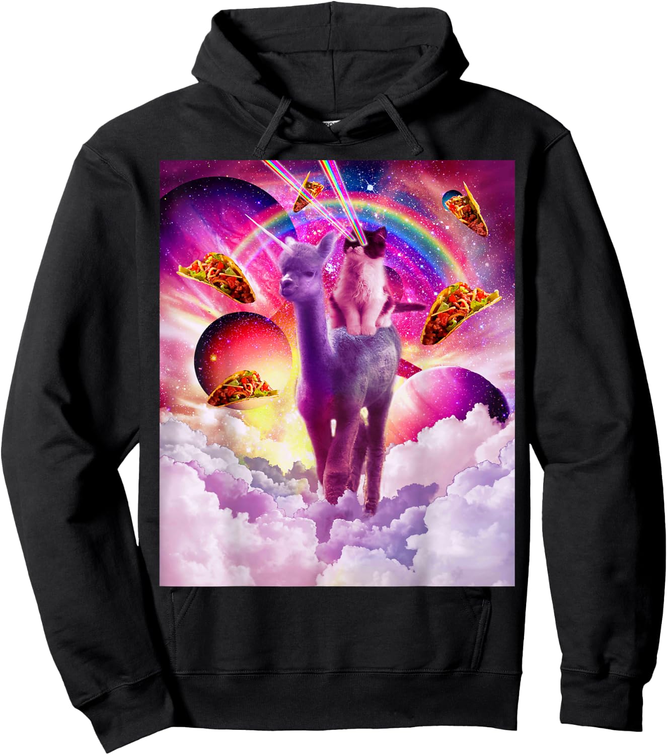Cosmic Cat Riding Alpaca Unicorn Hoodie - Hoodie | Black