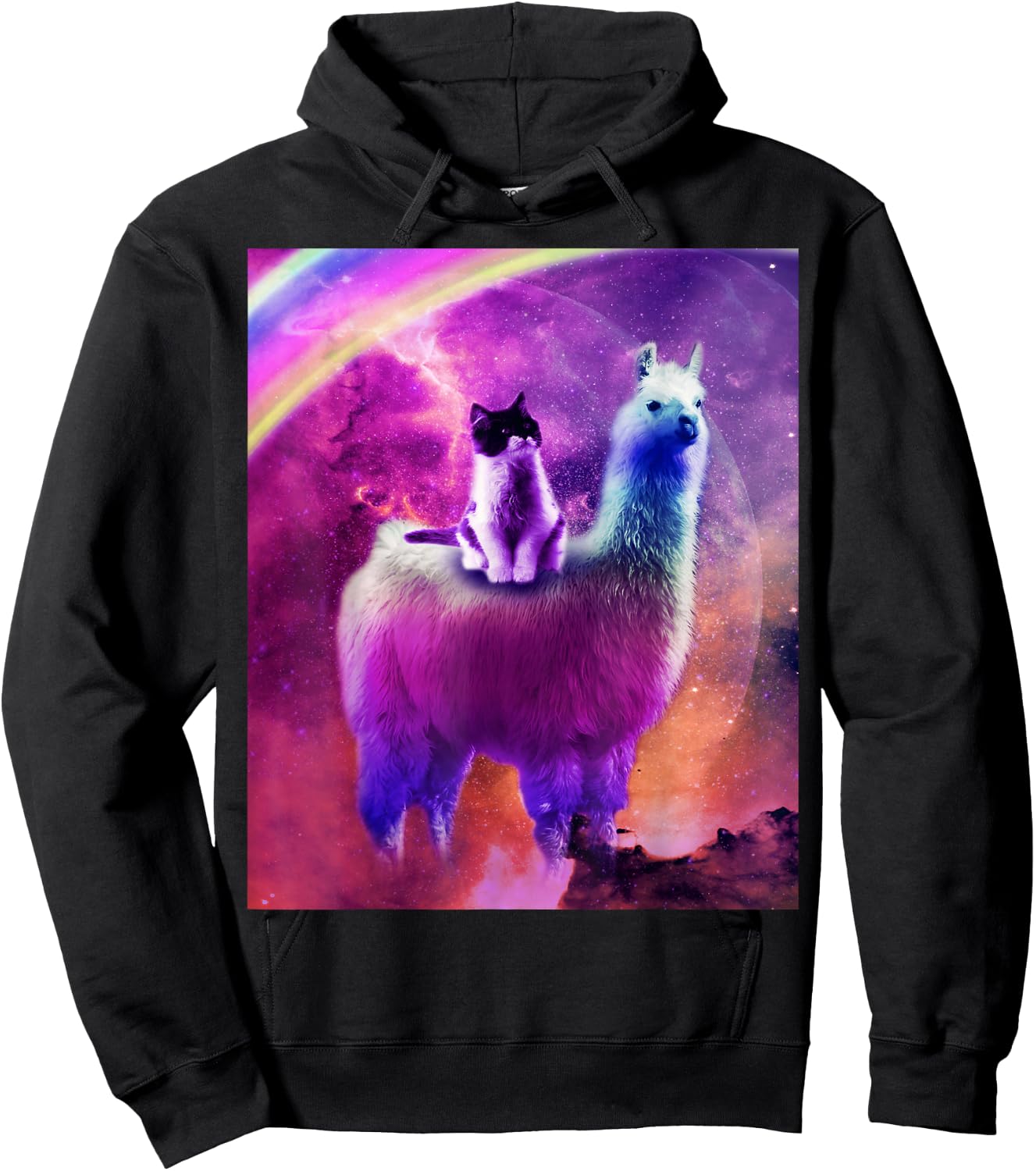 Kitty Cat Riding On Rainbow Llama In Space Hoodie - Hoodie | Black