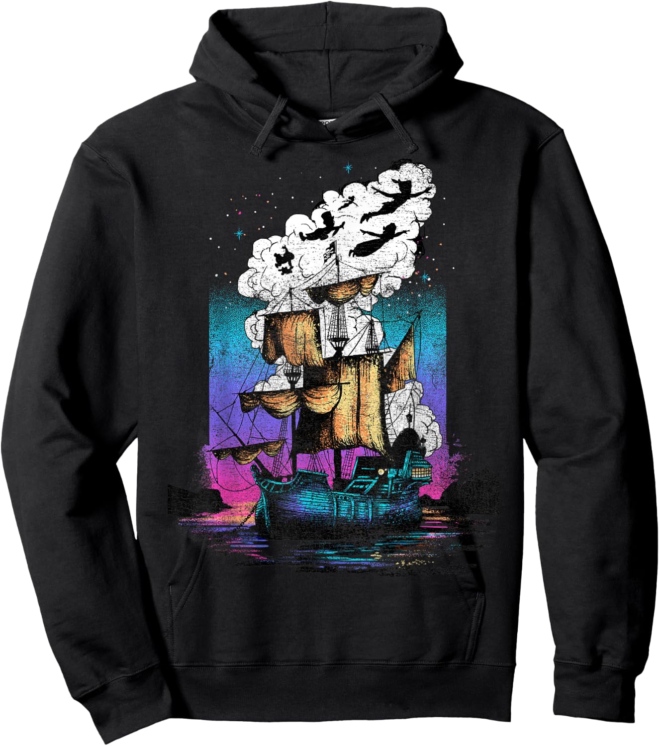 Disney Peter Pan Pirate Ship Flight Neon Graphic Hoodie - Hoodie | Black