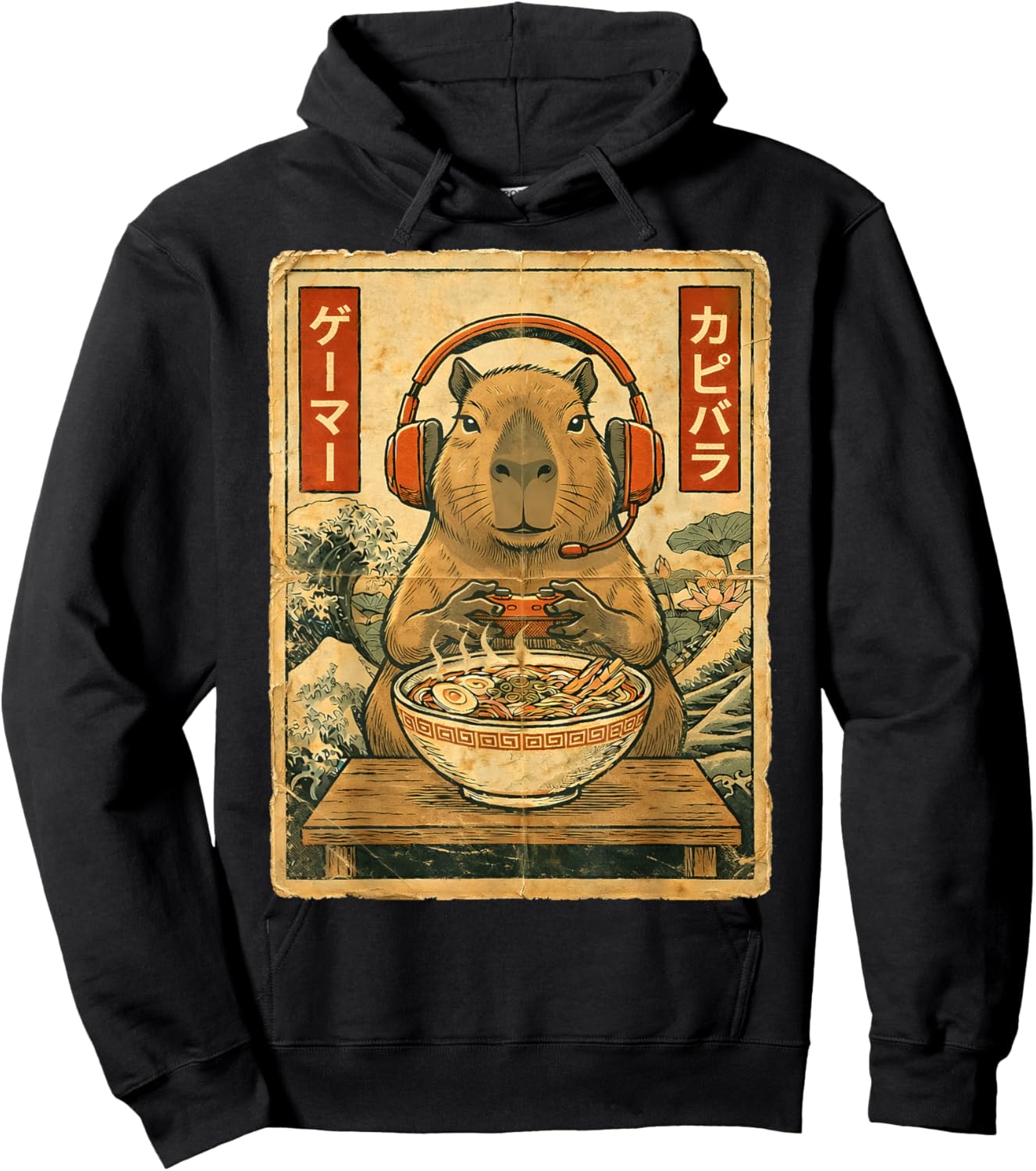 Cute Kawaii Gamer Capybara Funny Ramen Retro Japanese Gaming Hoodie - Hoodie | Black