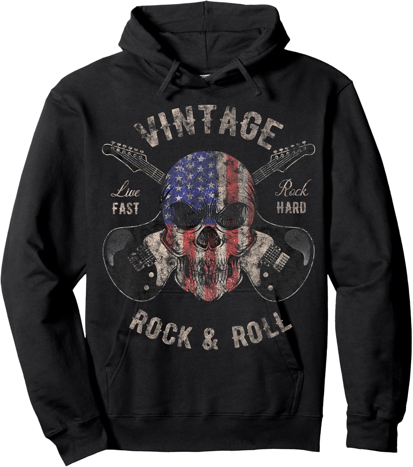 American Flag Guitar Vintage Rock and Roll Skull Guitarist Hoodie - Hoodie | Black