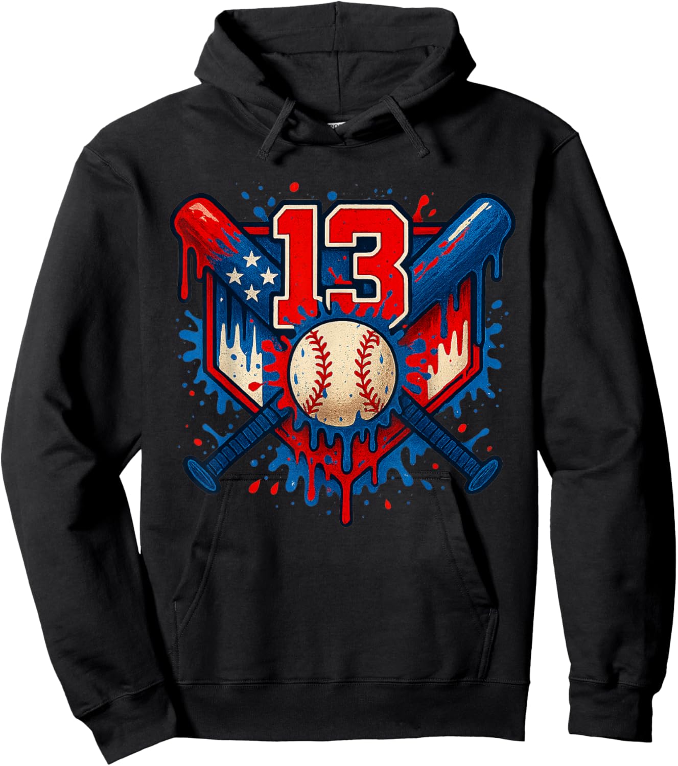 Baseball 13 Year Old Splash Drip 13th Birthday Boy Number 13 Hoodie - Hoodie | Black