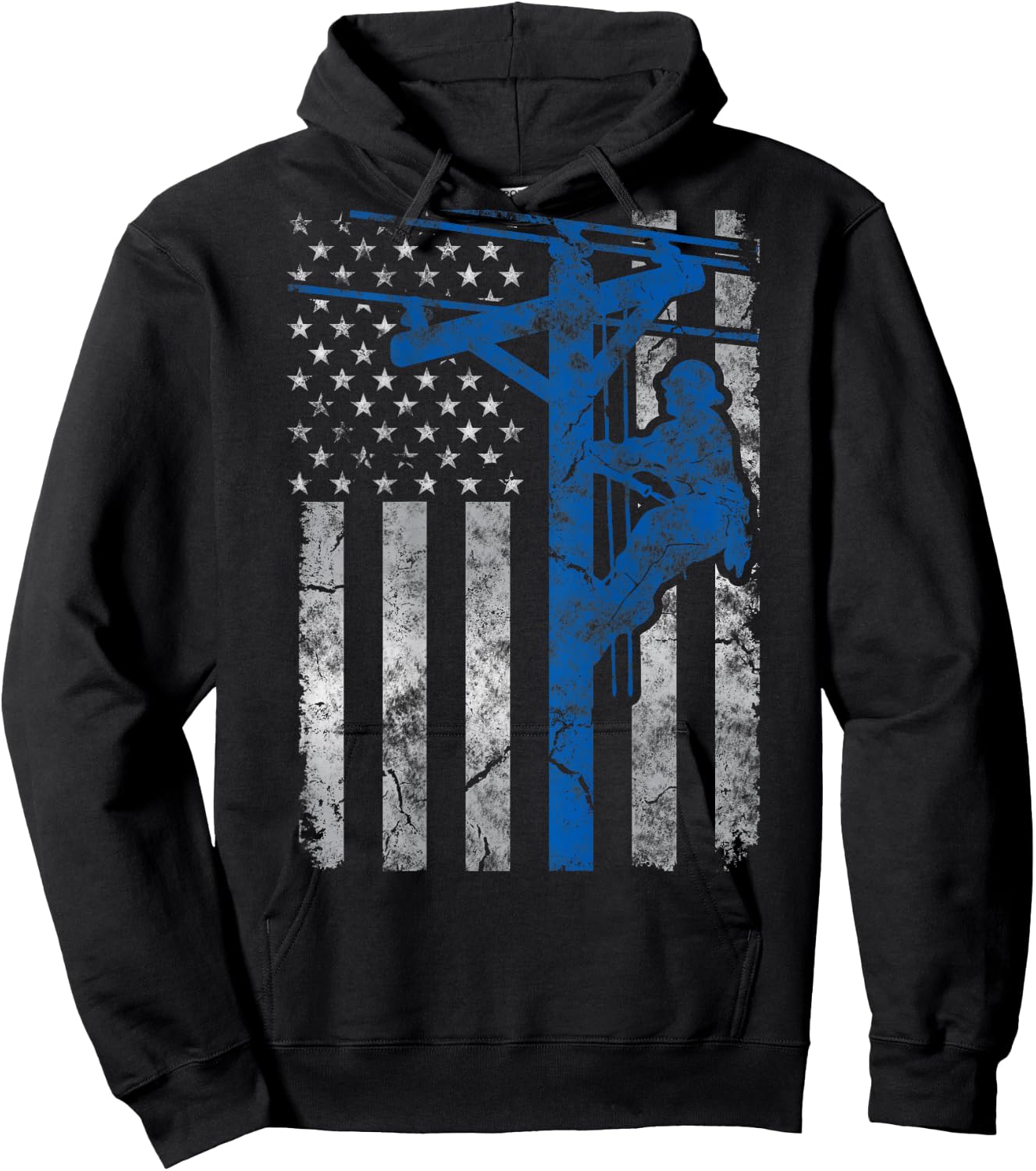 Distressed Patriotic Thin Blue Line Lineman American Flag Hoodie - Hoodie | Black