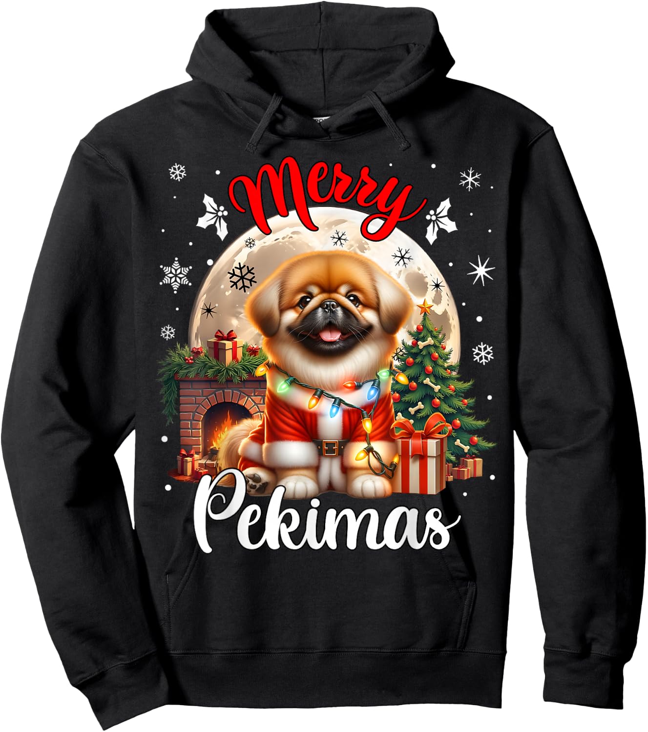 Merry Christmas Pekingese & Women -Adults Black Small Cartoon Humor Modern Round Collar Straight Short Sleeve Hoodie - Hoodie | Black
