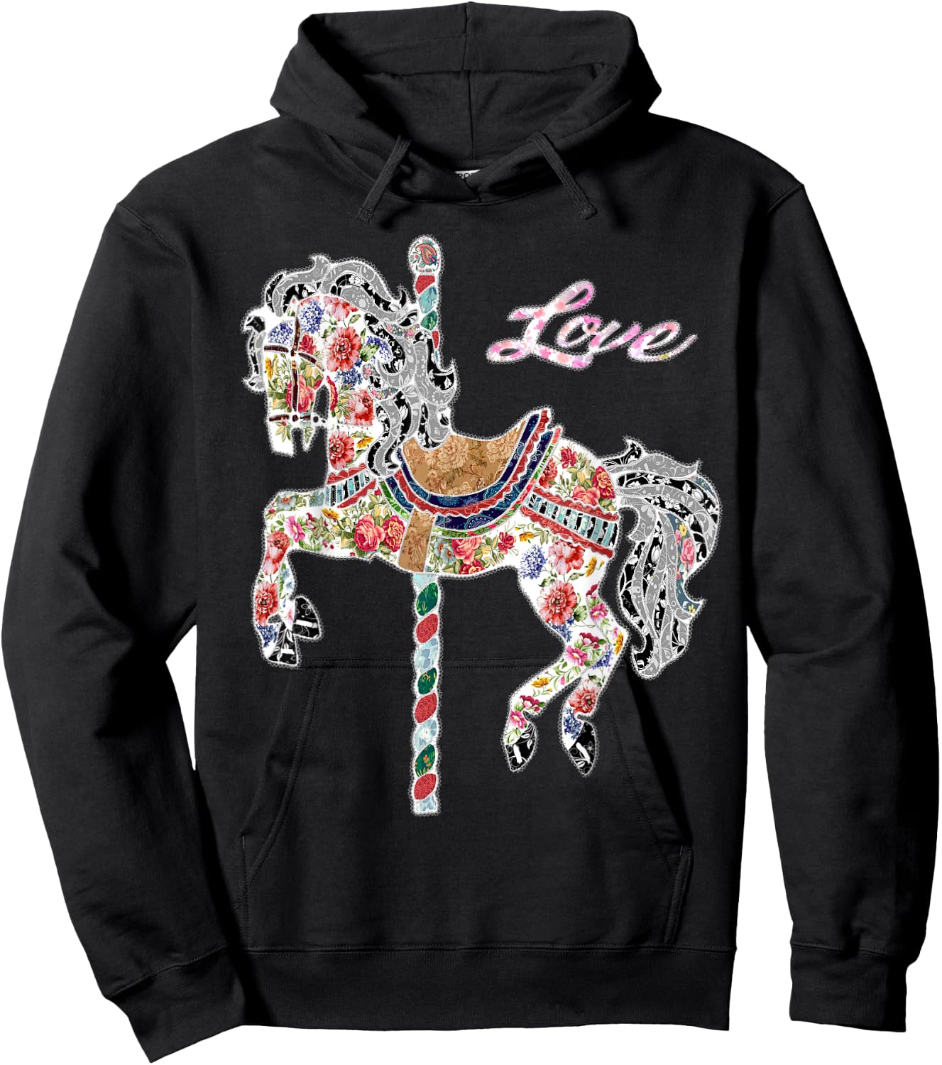Carousel horse vintage illustration quilting style shirt. Hoodie - Hoodie | Black