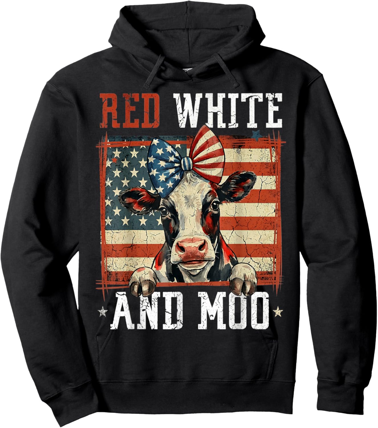 Red White and Moo Patriotic Cow USA Flag 4th of July Hoodie - Hoodie | Black