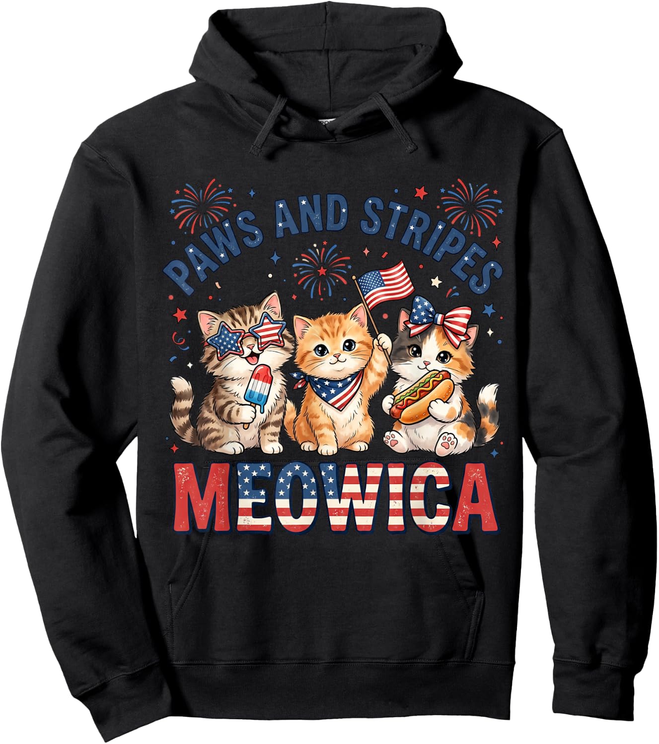 Paws and Stripes Meowica Patriotic Cat 4th of July Kitten Hoodie - Hoodie | Black