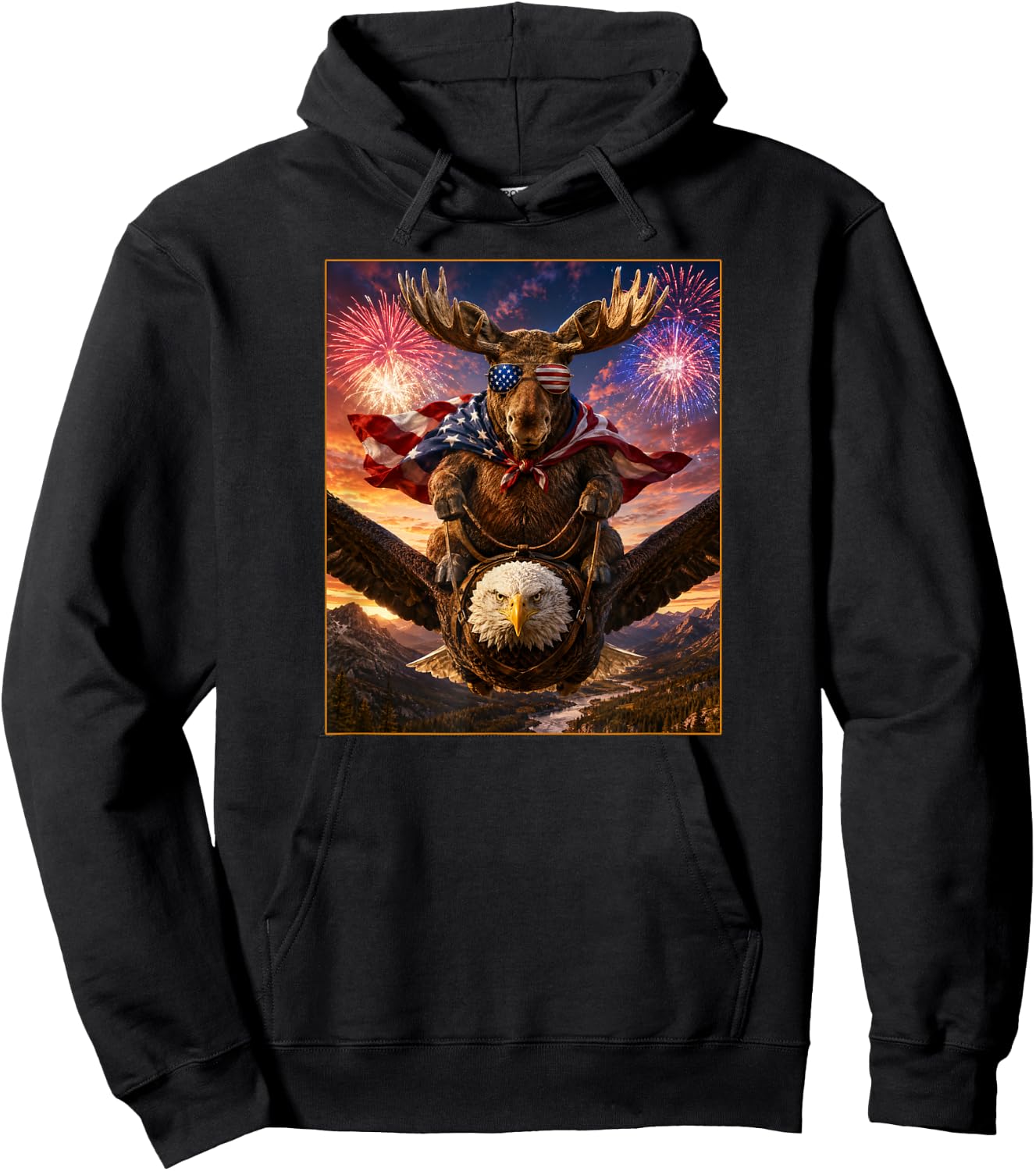 Moose on Bald Eagle American Flag Glasses USA Hoodie - Hoodie | Black