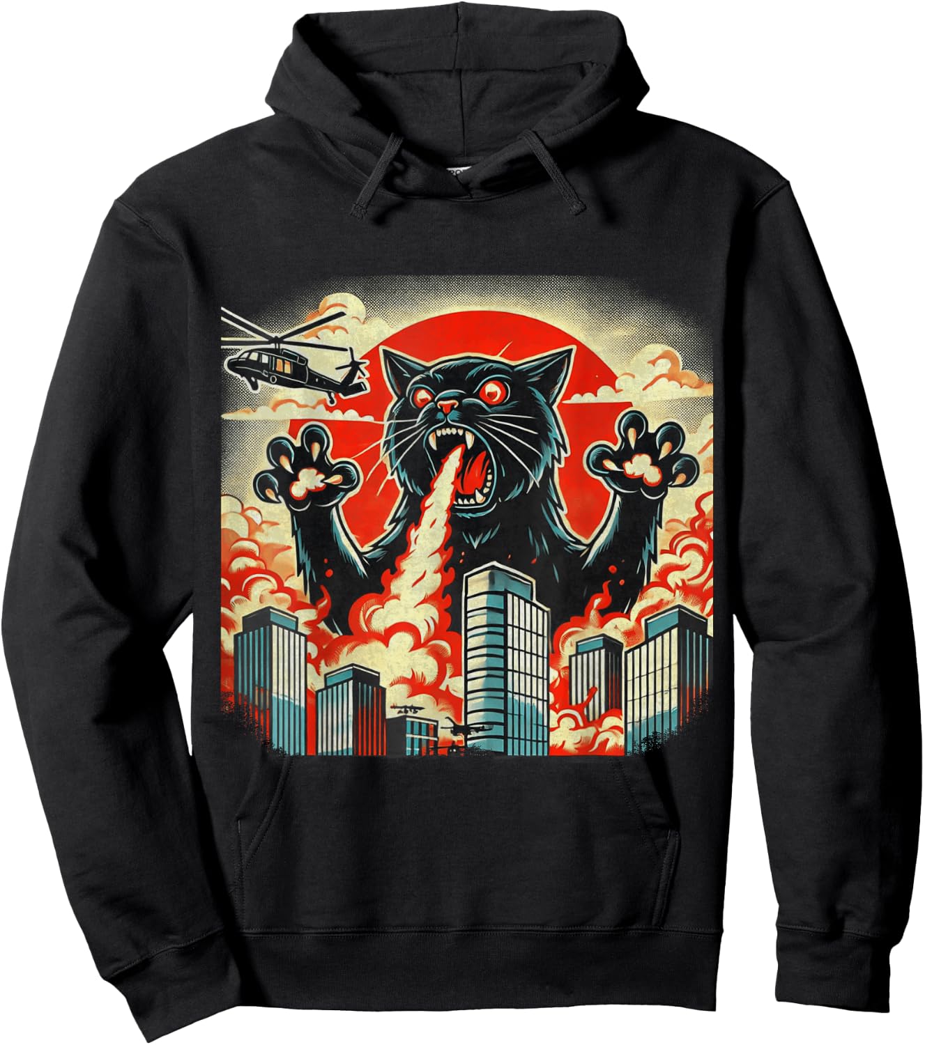 Catzilla Cat Japanese Art Funny Cat Gifts Women Kids Hoodie - Hoodie | Black
