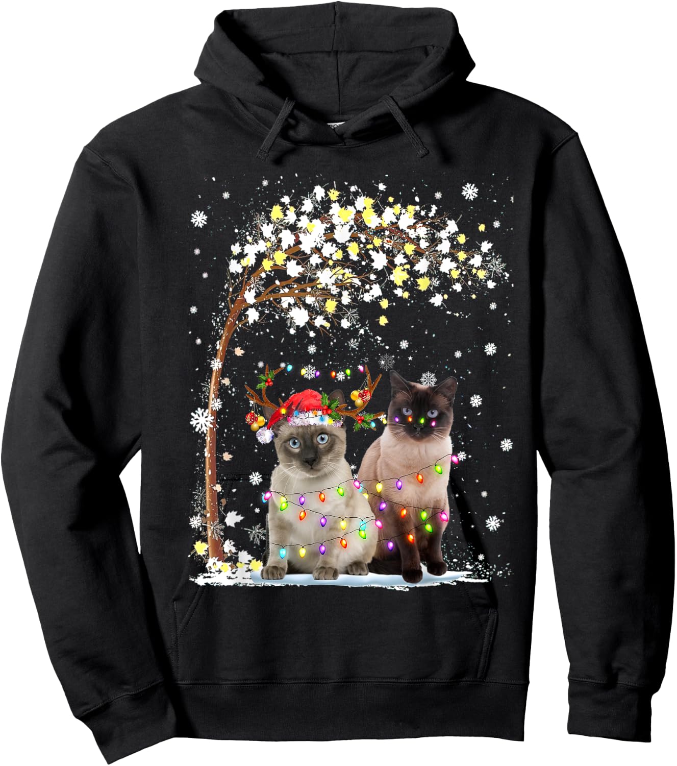Siamese Cat Reindeer Hat Santa Christmas Tree Funny Xmas Men Women Hoodie - Hoodie | Black