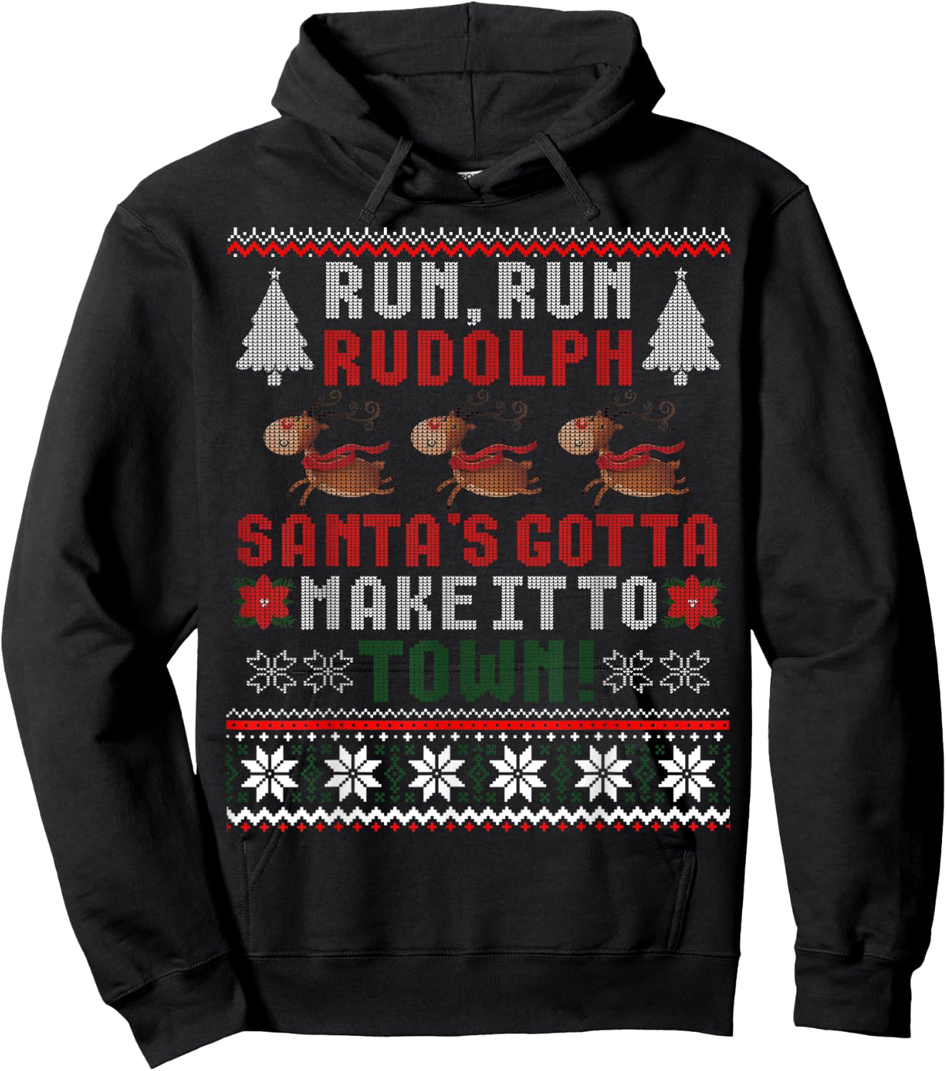 Run Run Rudolph Santa's Reindeer Christmas Ugly Sweater Hoodie - Hoodie | Black