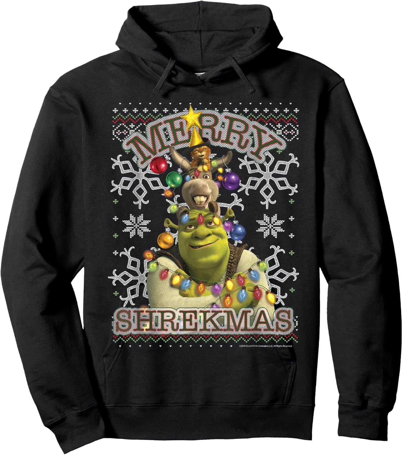 Shrek Donkey & Puss Merry Shrekmas Holiday Text Poster Hoodie - Hoodie | Black