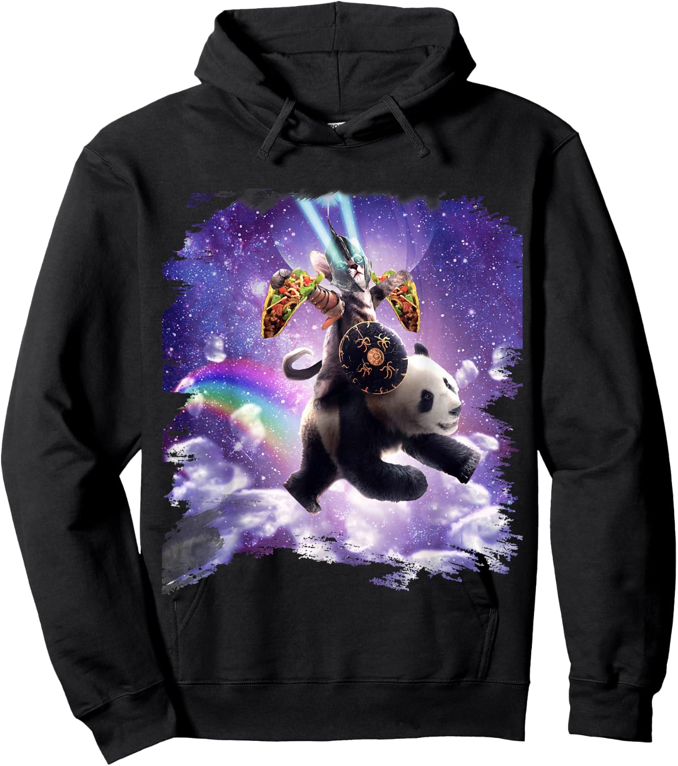 Lazer Warrior Space Cat Riding Panda With Taco Hoodie - Hoodie | Black