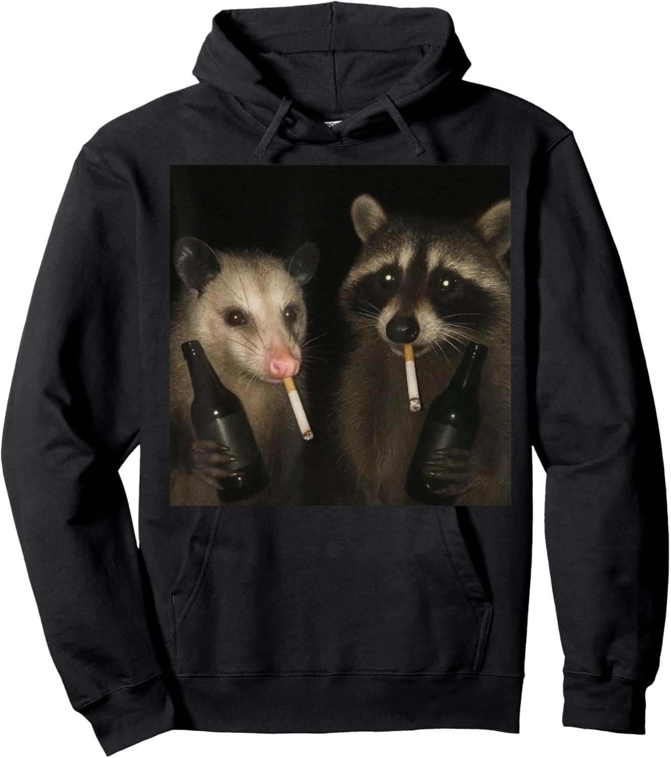 Funny Raccon and an Opossum Smoking Cigarette and Drinking Hoodie - Hoodie | Black