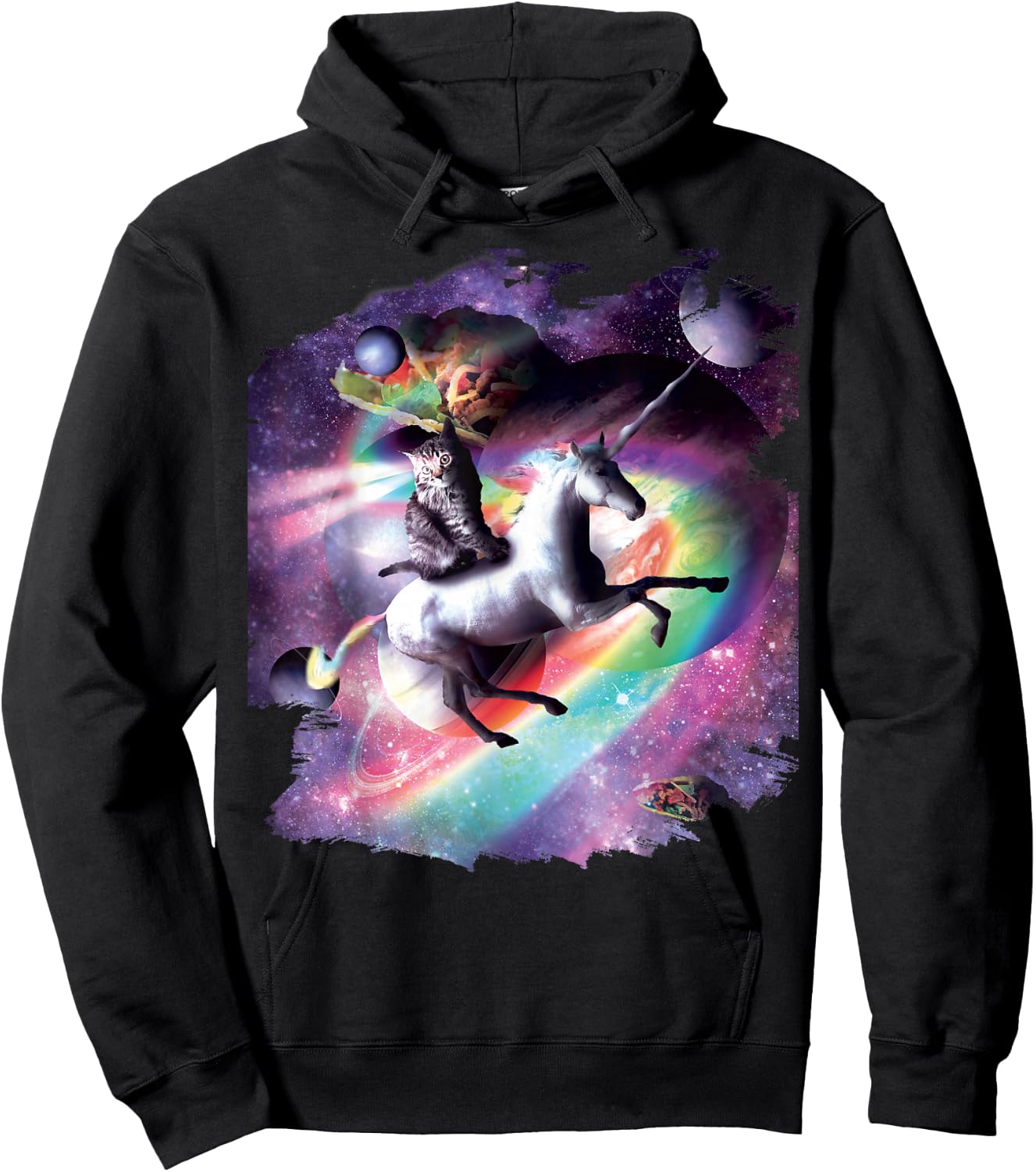 Space Cat Riding Unicorn - Laser, Tacos and Rainbow Hoodie - Hoodie | Black