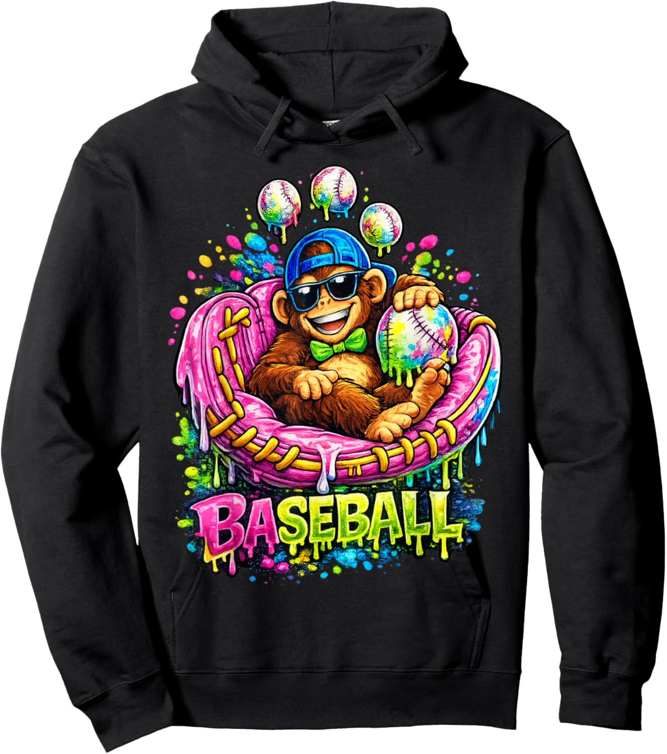 Monkey Funny Animals Baseball Ice Cream Drip Cool Hoodie - Hoodie | Black