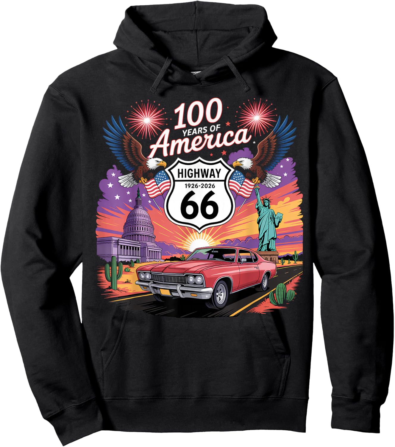 Highway 66 Centennial Car Anniversary 100 Years 1926-2026 Hoodie - Hoodie | Black