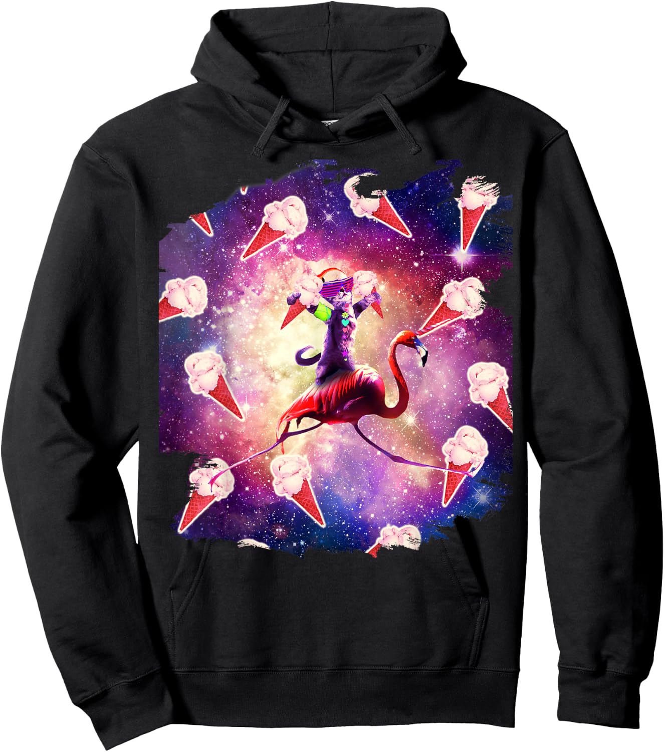 Rave Space Cat On Flamingo Unicorn - Ice Cream Women Kids Hoodie - Hoodie | Black