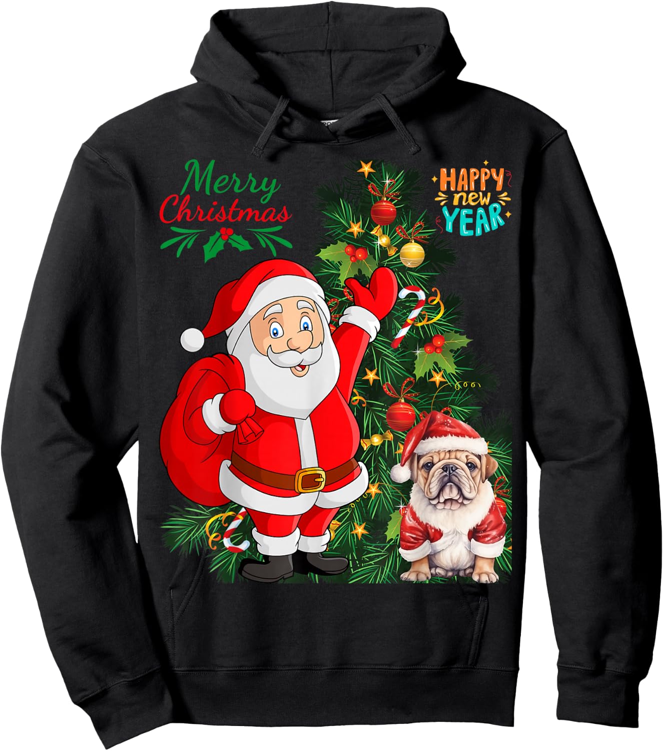 Merry Christmas Happy New Year Santa Claus English Bulldog Hoodie - Hoodie | Black