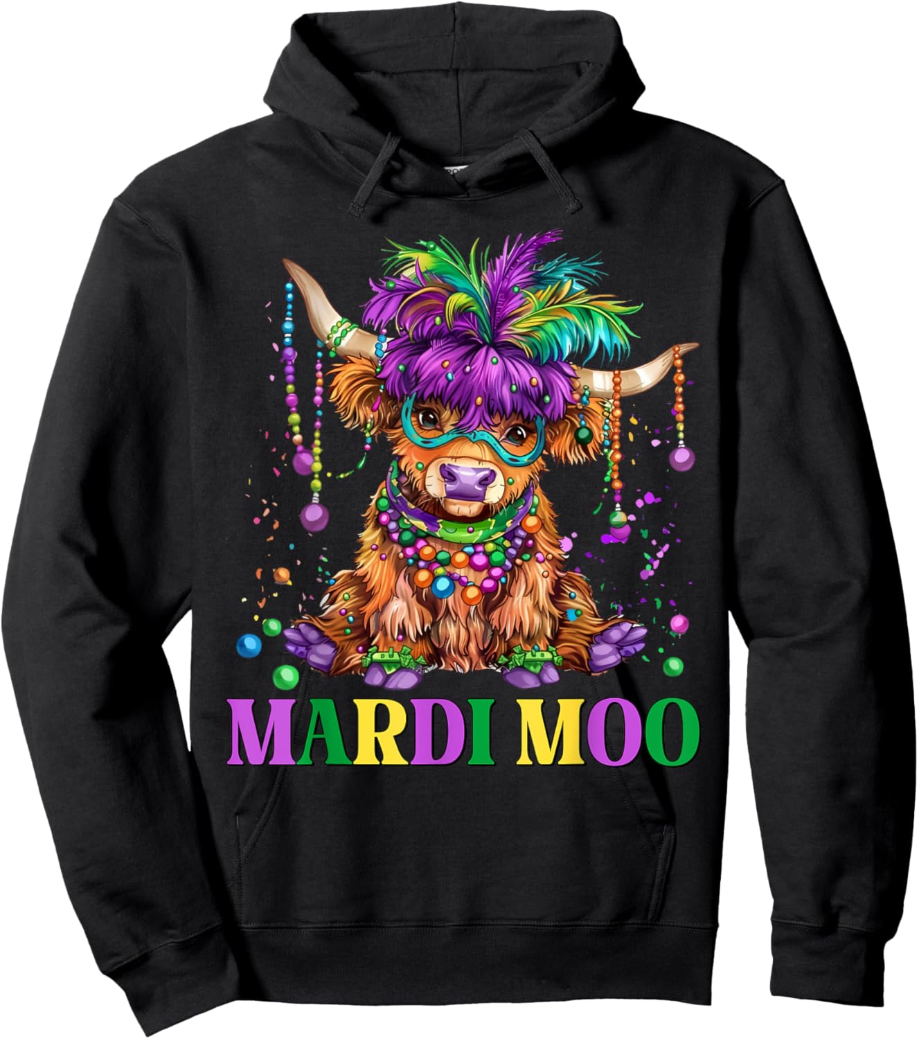 Retro Highland Cow Mardi Moo Mask Beads Mardi Gras Funny Cow Hoodie - Hoodie | Black