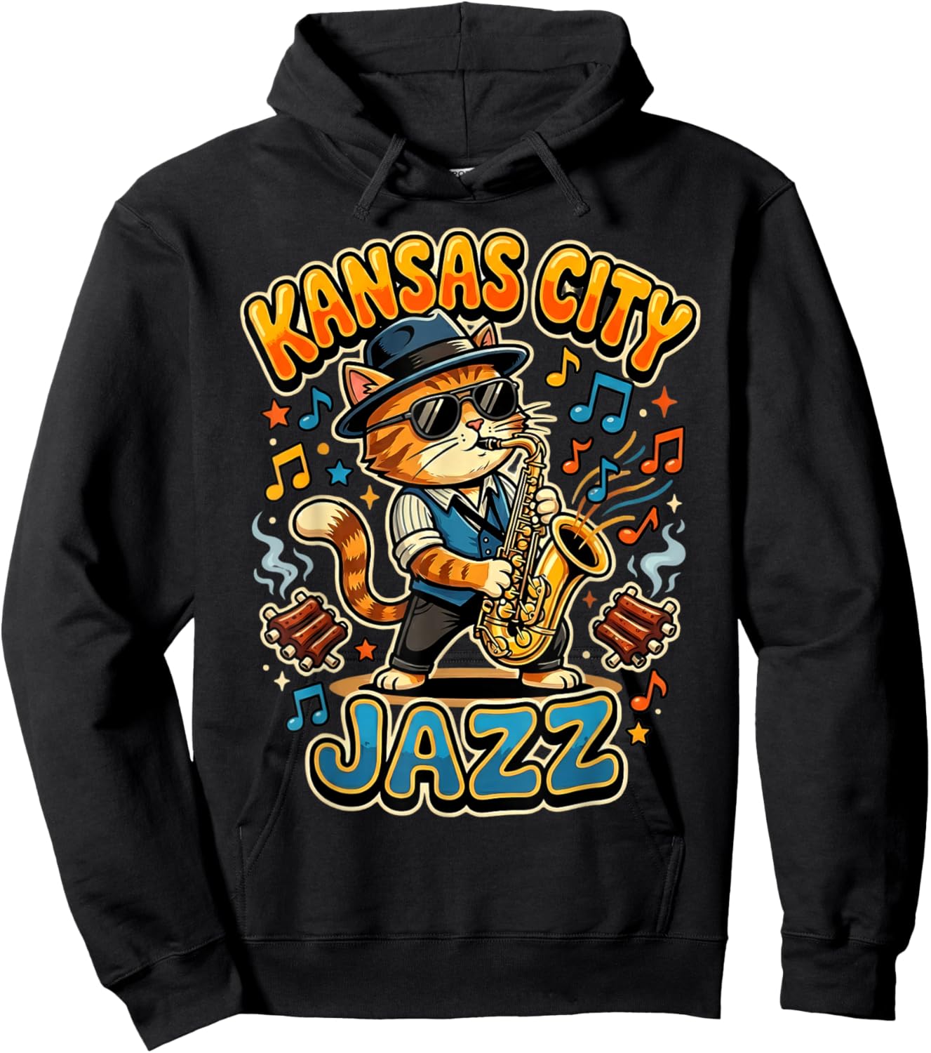 Kansas City Jazz Saxophone Cat Playing BBQ Ribs Hoodie - Hoodie | Black