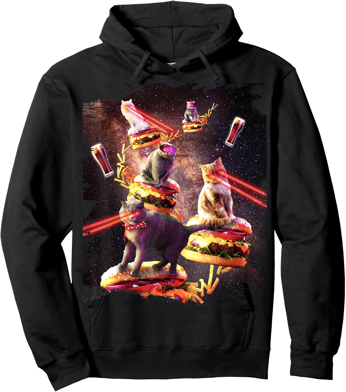 Galaxy Laser Cat On Burger - Space Cheeseburger Cats Hoodie - Hoodie | Black