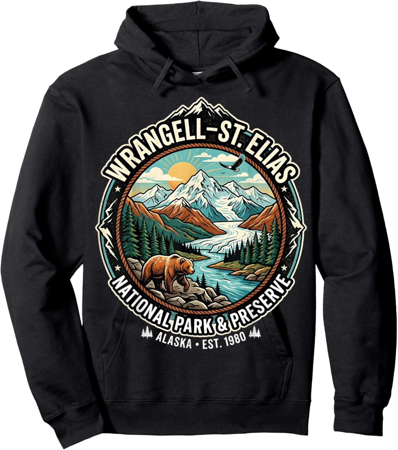 Wrangell-St Elias National Park Alaska Retro Grizzly Emblem Hoodie - Hoodie | Black