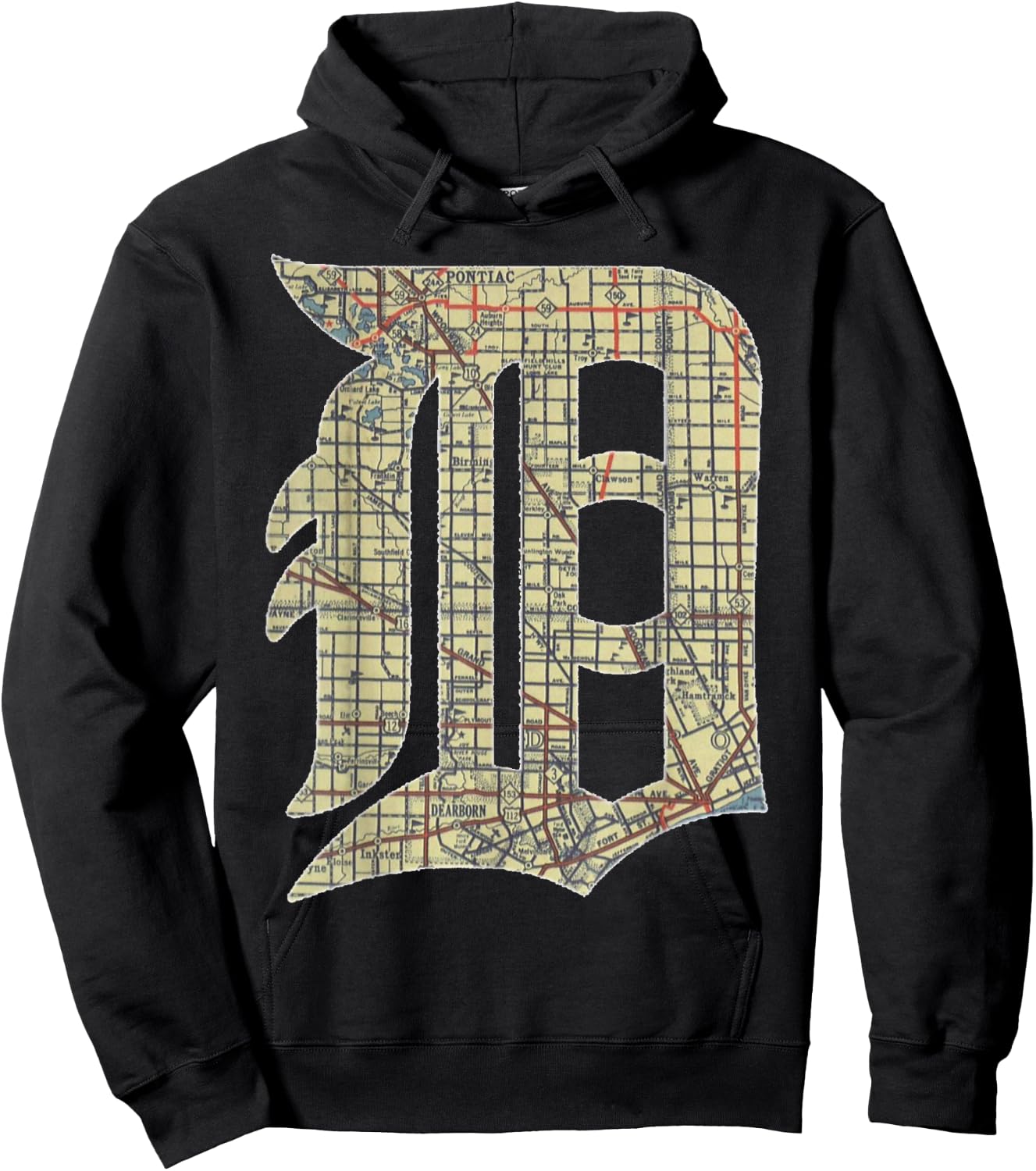 Detroit City Map Old English D Hoodie - Hoodie | Black