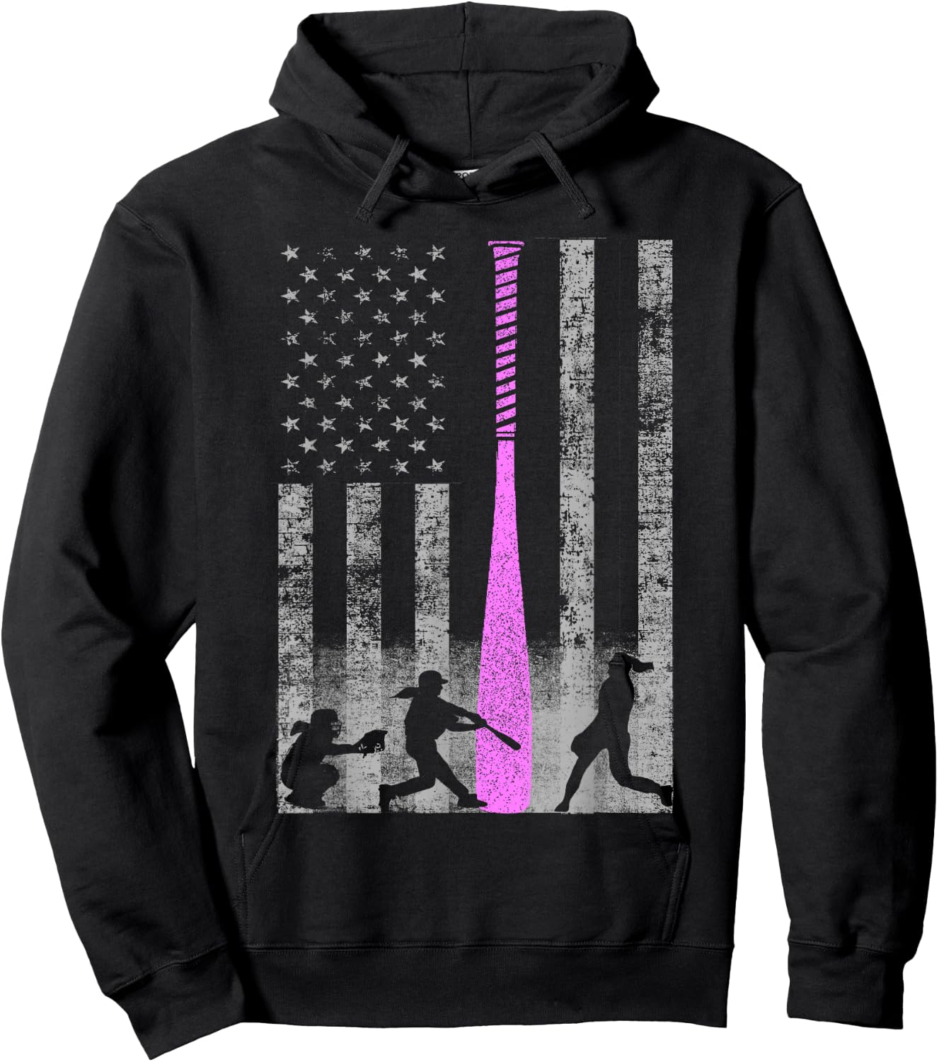 American Softball Flag - Players and Pink Bat Hoodie - Hoodie | Black