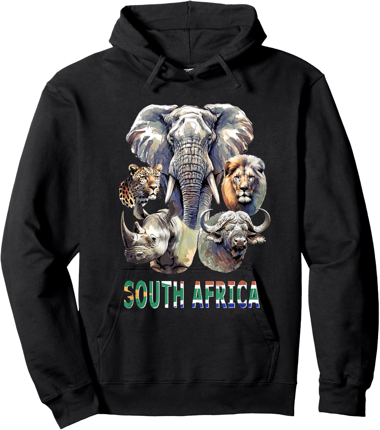 South Africa Big-Five Wildlife Watercolor for Safari Fans Hoodie - Hoodie | Black