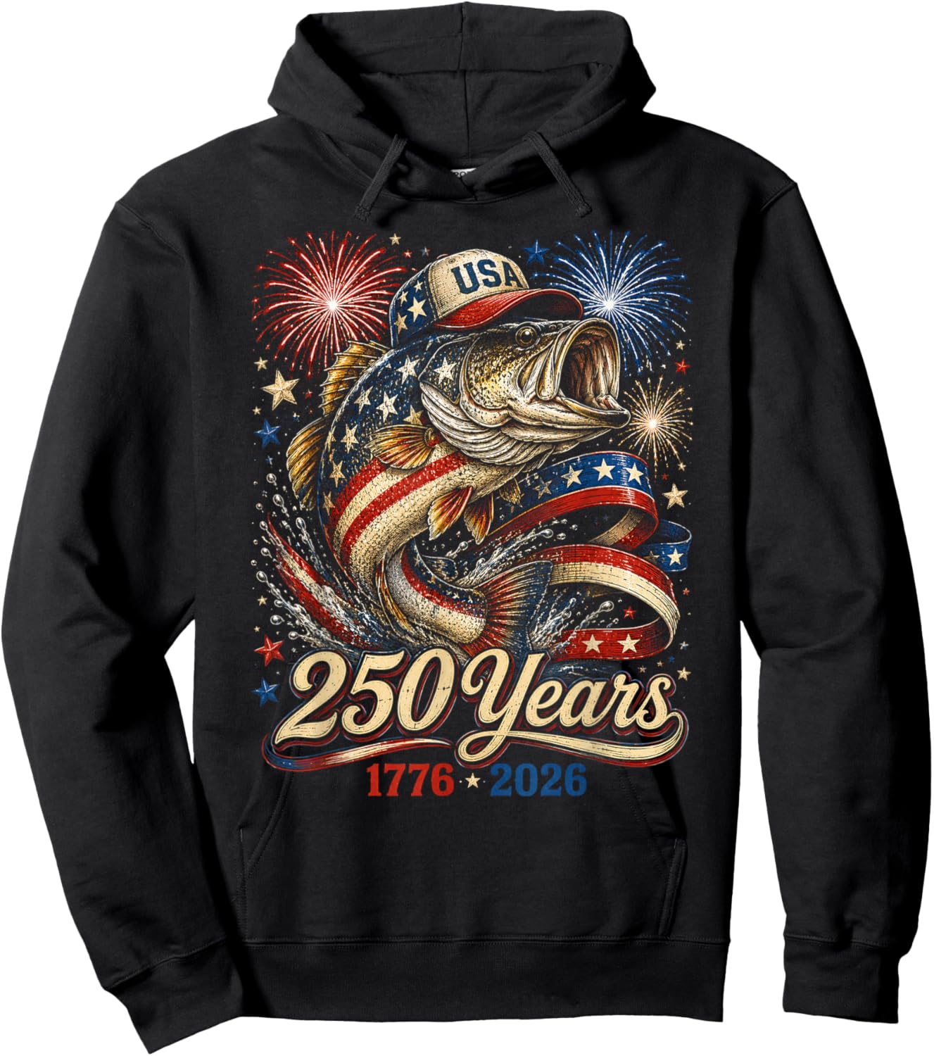 250 America 1776 2026 Bass Fishing USA Flag 250th Birthday Hoodie - Hoodie | Black