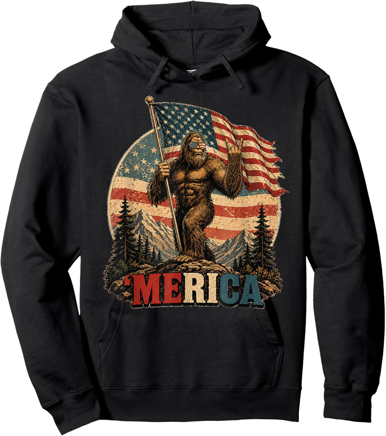 Bigfoot Merica Rock 250th American Flag Patriotic 4th July Hoodie - Hoodie | Black
