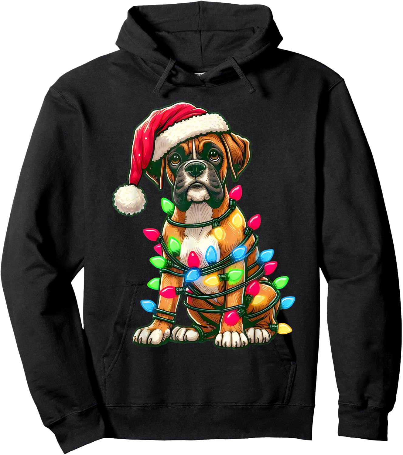 Merry Christmas Boxer Santa Christmas Lights Dog Xmas Tree Hoodie - Hoodie | Black
