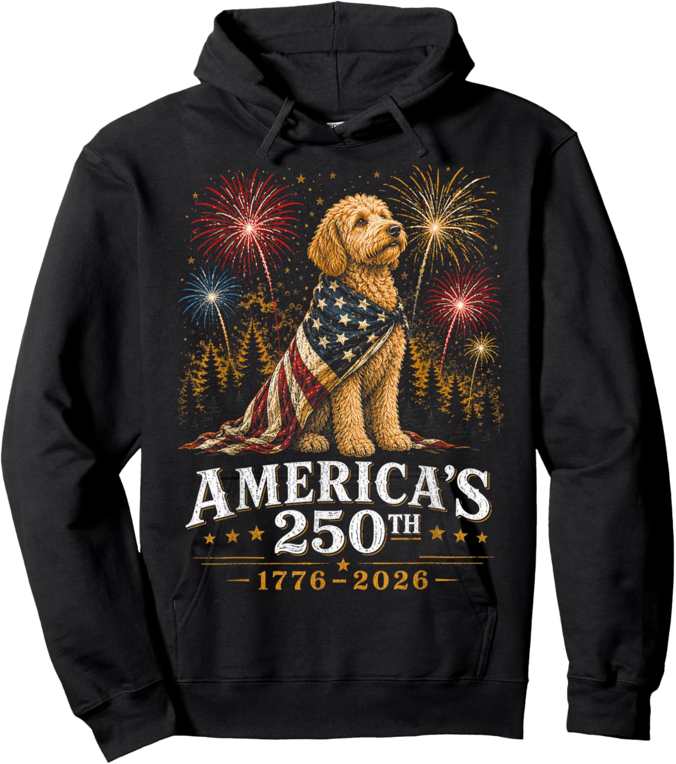 Goldendoodle USA Flag America's 250th Anniversary 1776 2026 Hoodie - Hoodie | Black