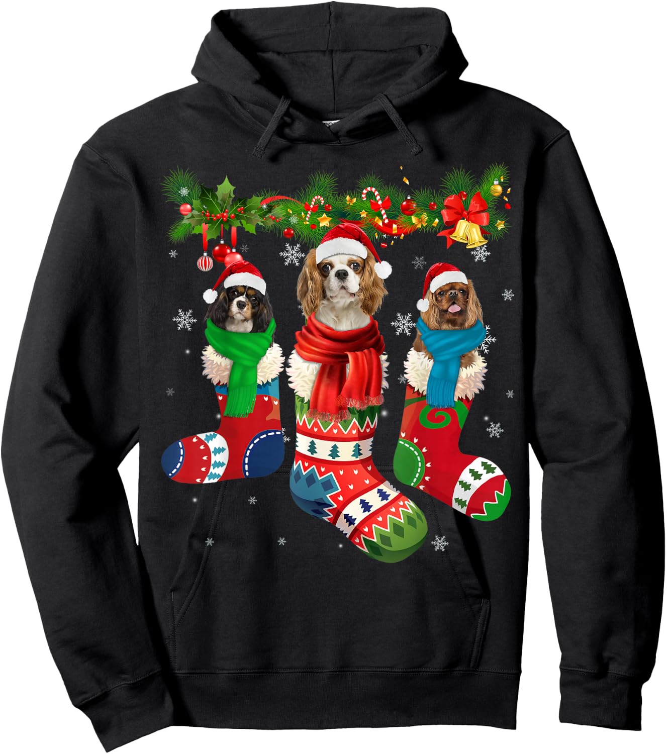 Three Cavalier King Charles Spaniel In Christmas Sock Hoodie - Hoodie | Black