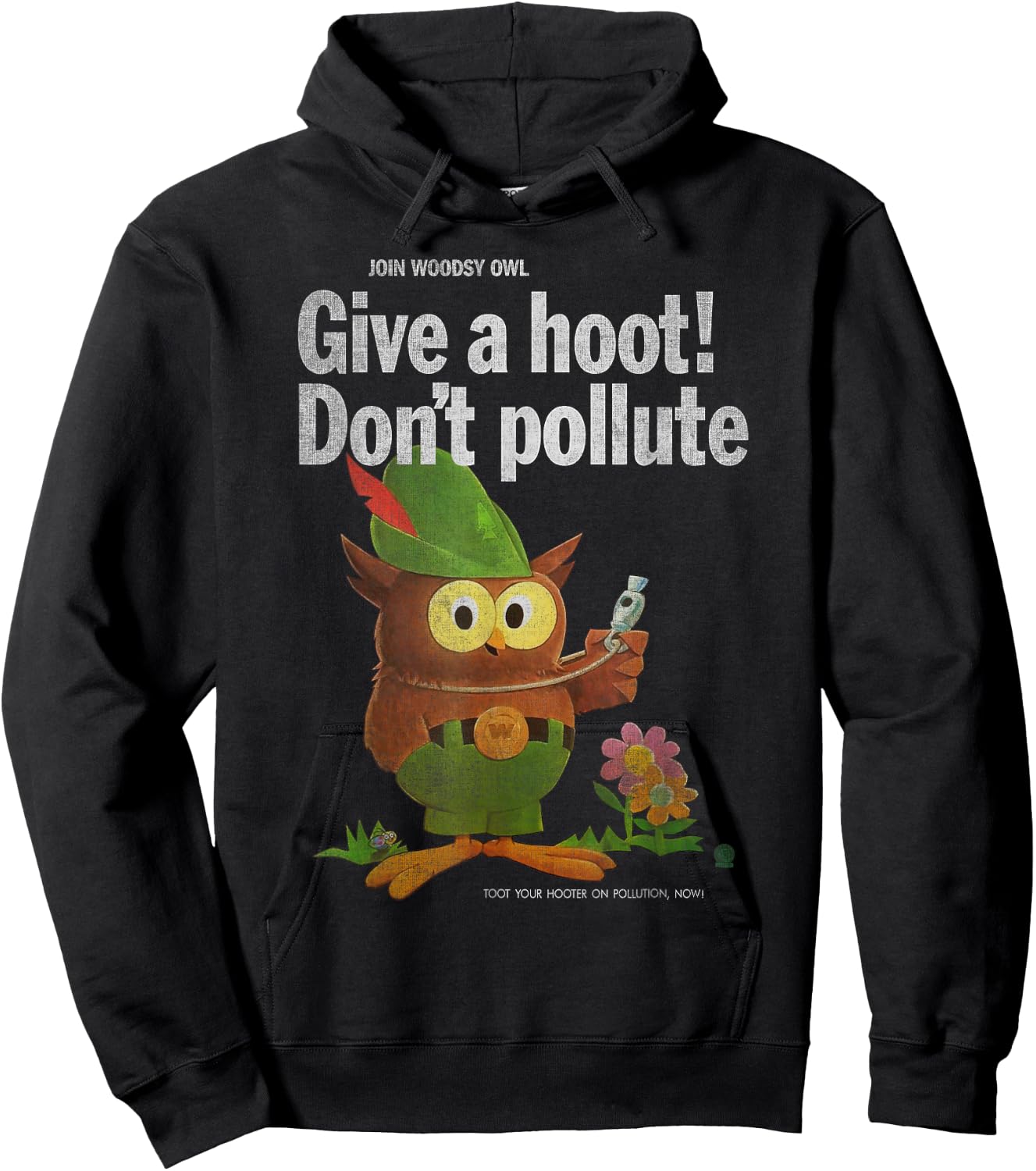 Vintage Shirts by Sven & Angus Woodsy Owl Give a Hoot 70s Distressed and Faded Black Adult Men's Classic Fit Short Sleeve Hoodie - Hoodie | Black