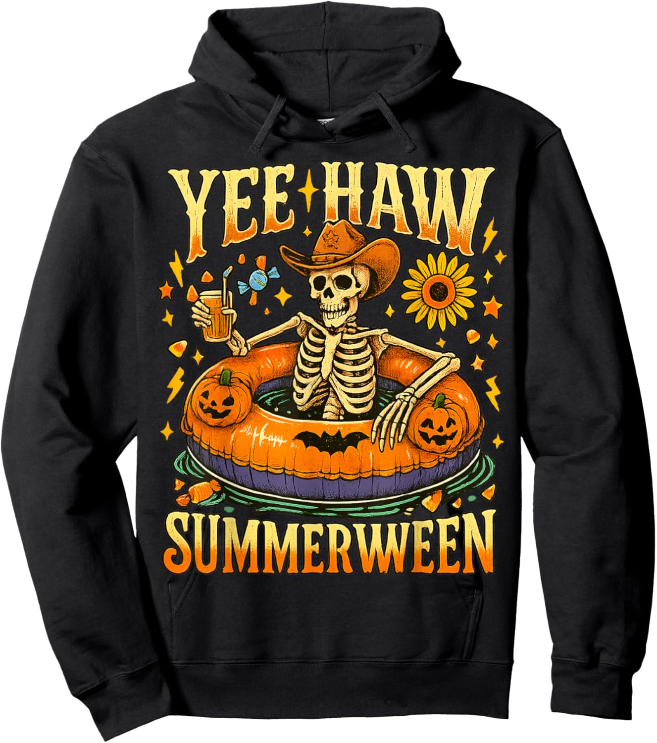 Yee Haw Summerween Cowboy Skeleton Western Halloween Hoodie - Hoodie | Black