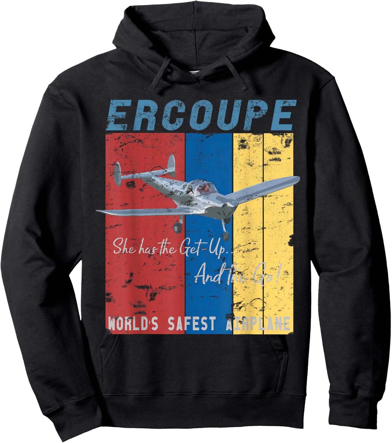Ercoupe Retro Vintage Distressed Airplane Pilot Hoodie - Hoodie | Black