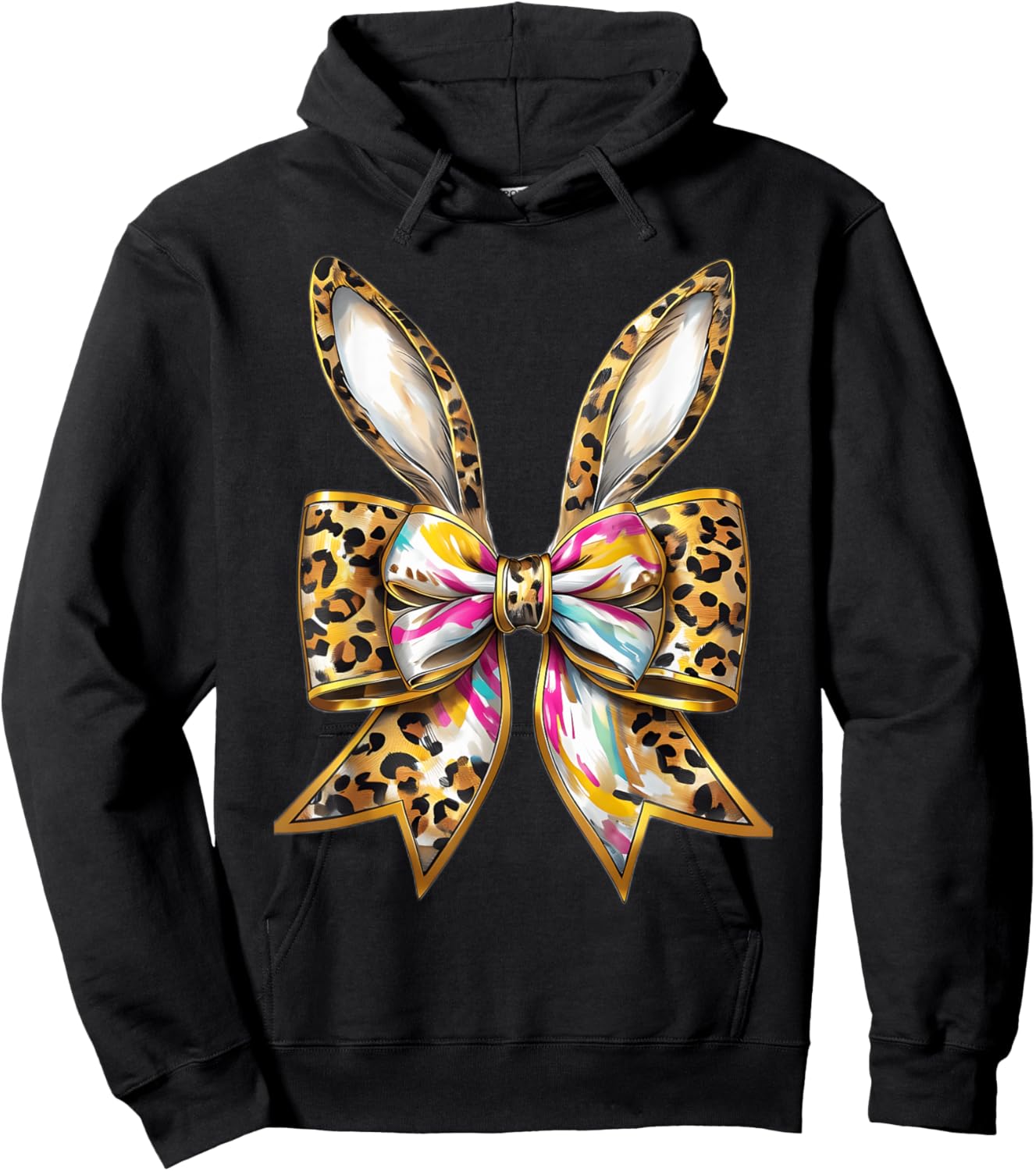 Easter Bunny Leopard Coquette Bow Happy Easter Girls Women Hoodie - Hoodie | Black