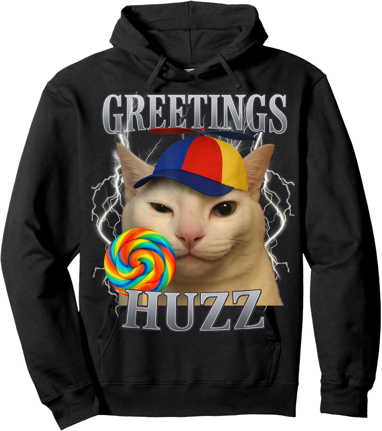 Greetings Huzz Cat Silly Funny Cat Meme Men Women Graphic Hoodie - Hoodie | Black