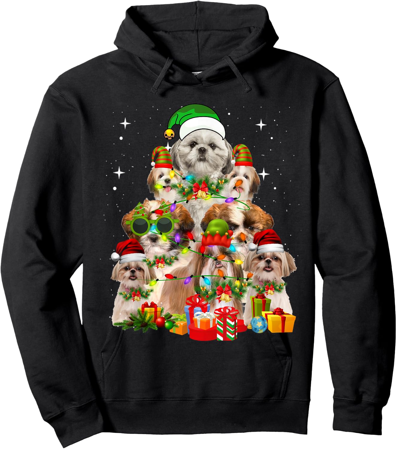 Shih Tzu Santa Hat Christmas Tree Lights Dog Holiday Costume Men Women Kids Hoodie - Hoodie | Black
