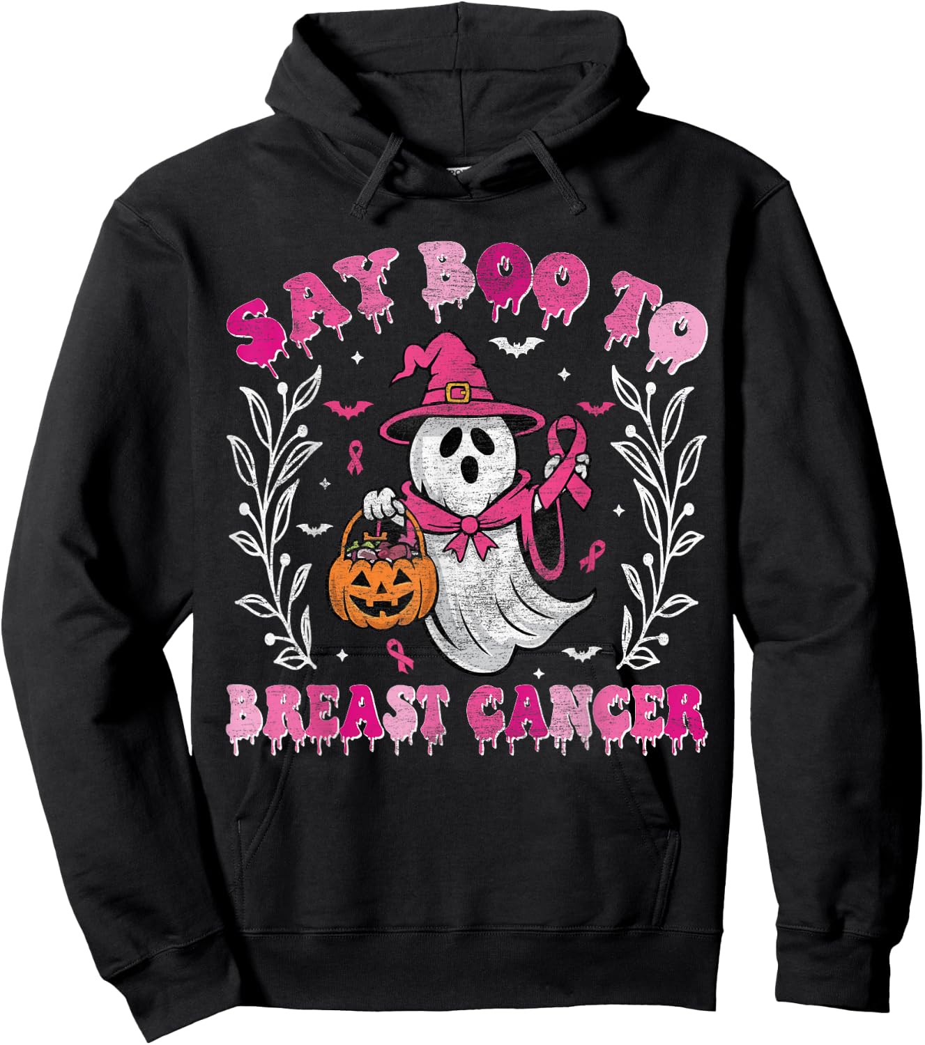 Say Boo to Breast Cancer Halloween Ghost Witch Breast Cancer Hoodie - Hoodie | Black