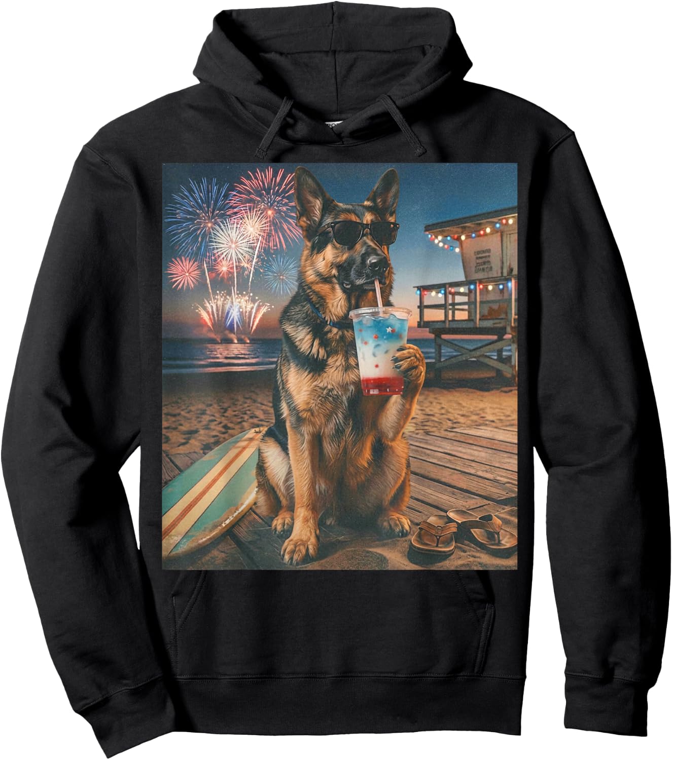 Funny German Shepherd Patriotic Beach Fireworks Dog Art Hoodie - Hoodie | Black