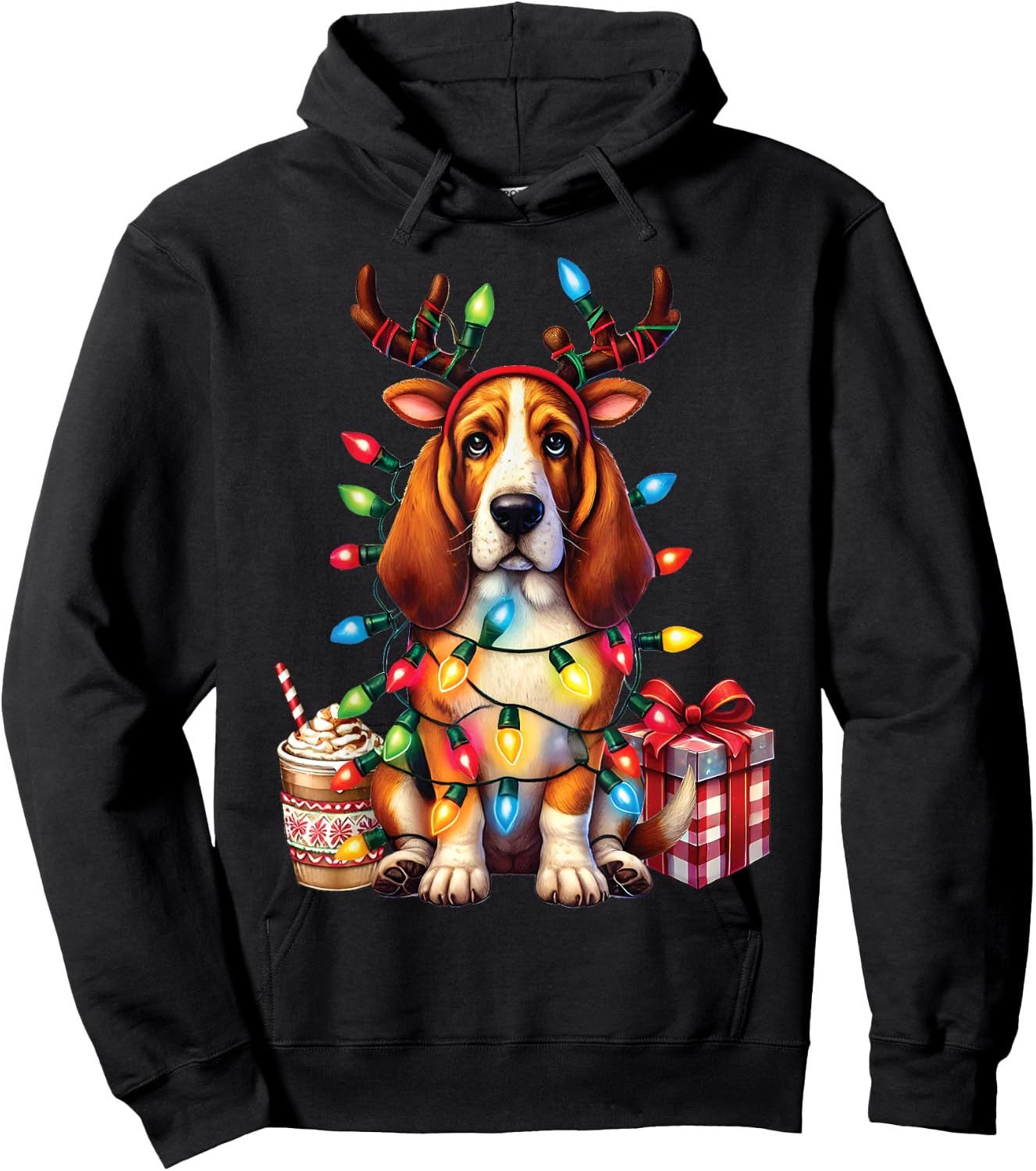 Pet Animal Basset Hound Dog Lover Reindeer Christmas Light Hoodie - Hoodie | Black