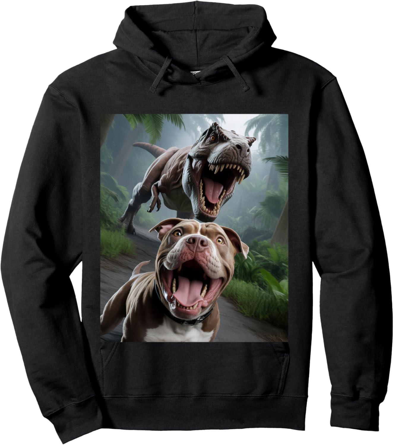 Funny Pitbull Dog Selfie with T-Rex Hoodie - Hoodie | Black