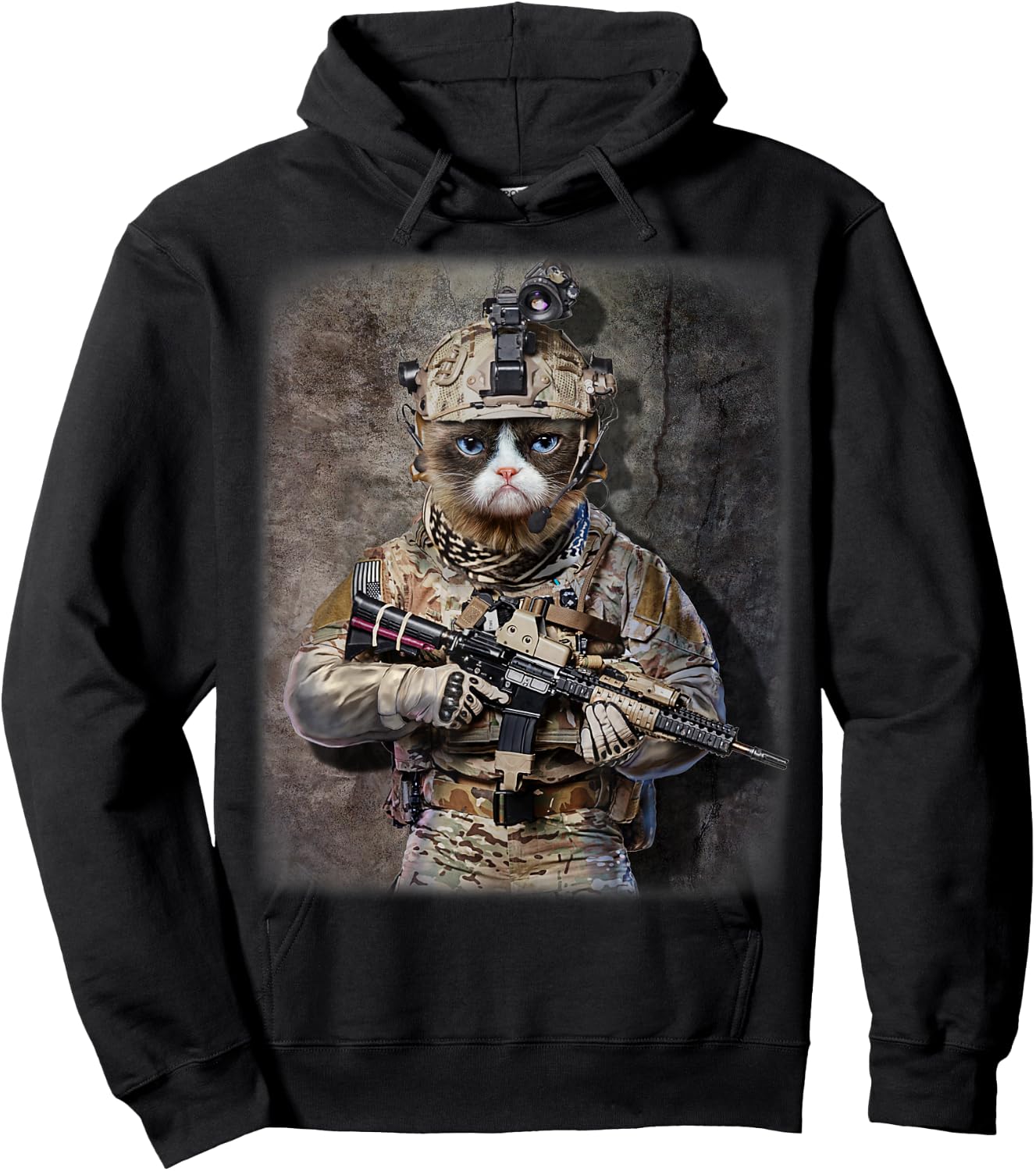 Disgruntle Cat as Army Commando in Full Tactical Hoodie - Hoodie | Black