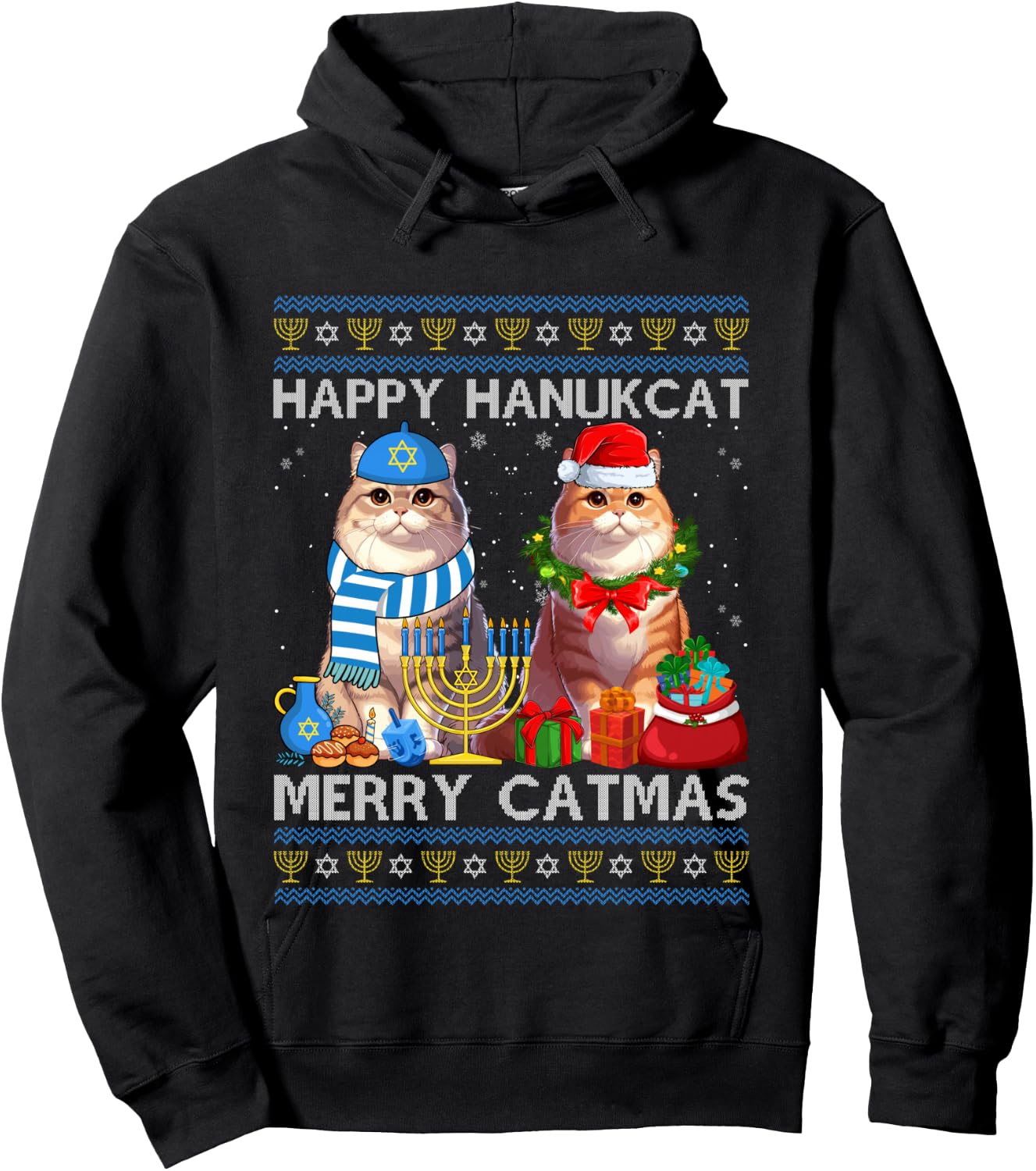 Happy Hanukcat Merry Catmas Ugly Christmas Chanukah Sweater Hoodie - Hoodie | Black