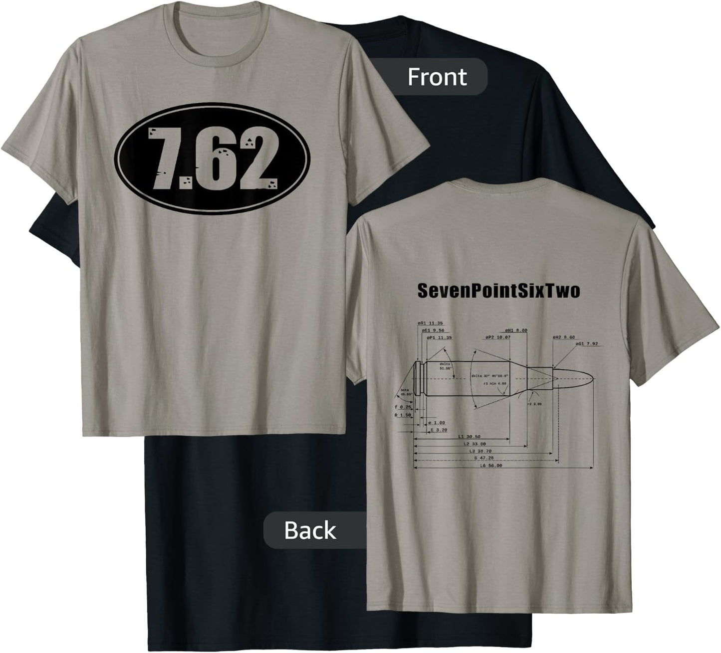 7.62 SKS AK47 Rifle Ammo Gun Bullet Size Dbl Sided Shirt T-Shirt - T-Shirt | Black